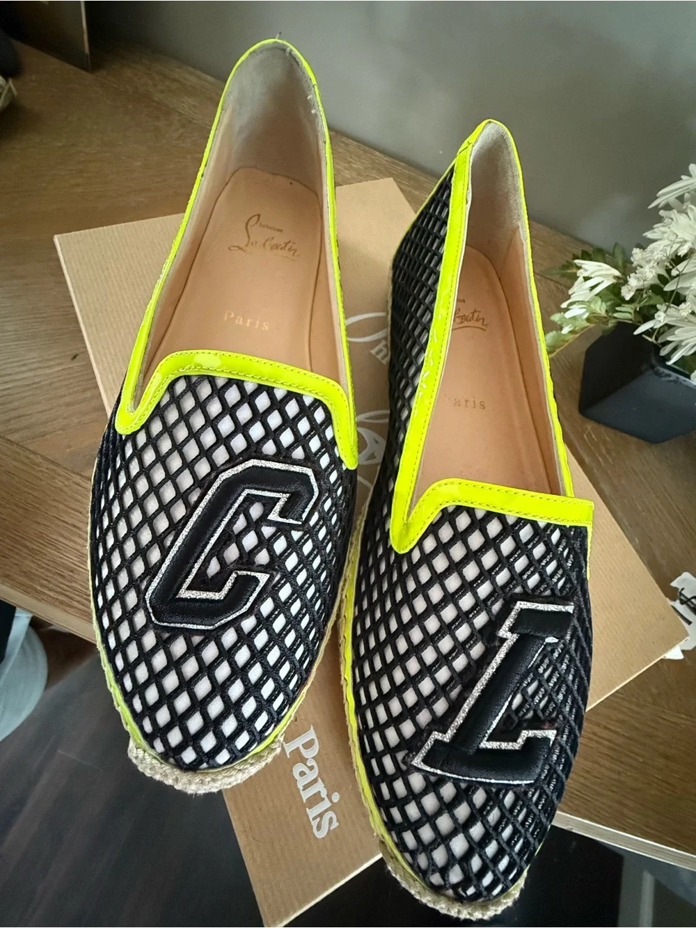 Christian Louboutin Black Mesh Espadrille with Neon Yellow Trim